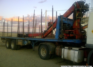 Plataforma para transporte de madera con grua.