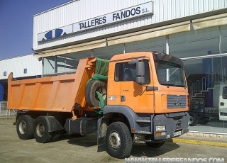 Dumper usado MAN TGA 360, 6x4, del año 2002 con caja Meiller Kipper.